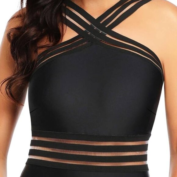 NWT Tempt Me Tummy Control Crisscross One-Piece Black Swimsuit Size Medium - Picture 3 of 7